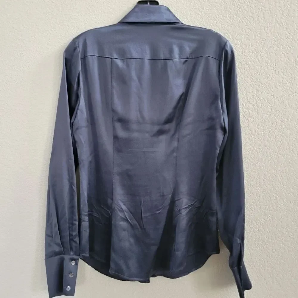 DIANE VON FURSTENBERG Midnight Blue Ruffle Silk Button Down Blouse size 4 S